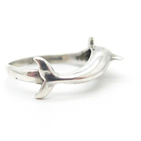 925 Sterling Silver Vintage Silver Cloud Friendly Dolphin Ring Size 7 - Picture 4 of 8